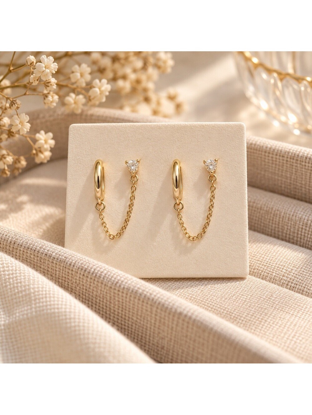 Gold Tone Double Piercing Hoop & Stud Chain Earrings Two Hole Ear Cuff Style
